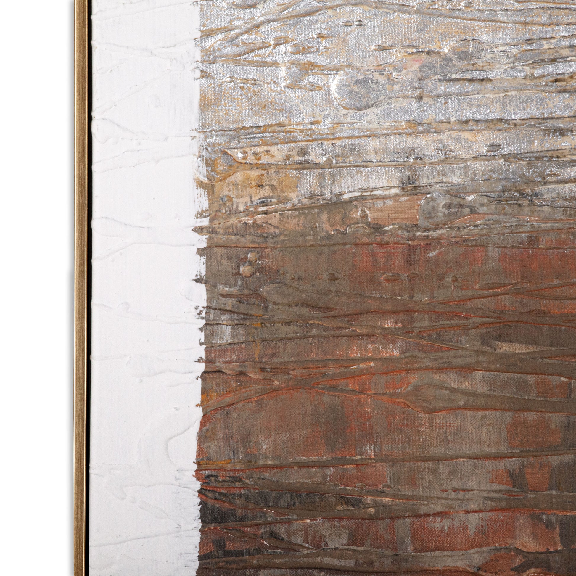 Close-up of brown and silver abstract textured wall art with layered brushstrokes and a gold frame.