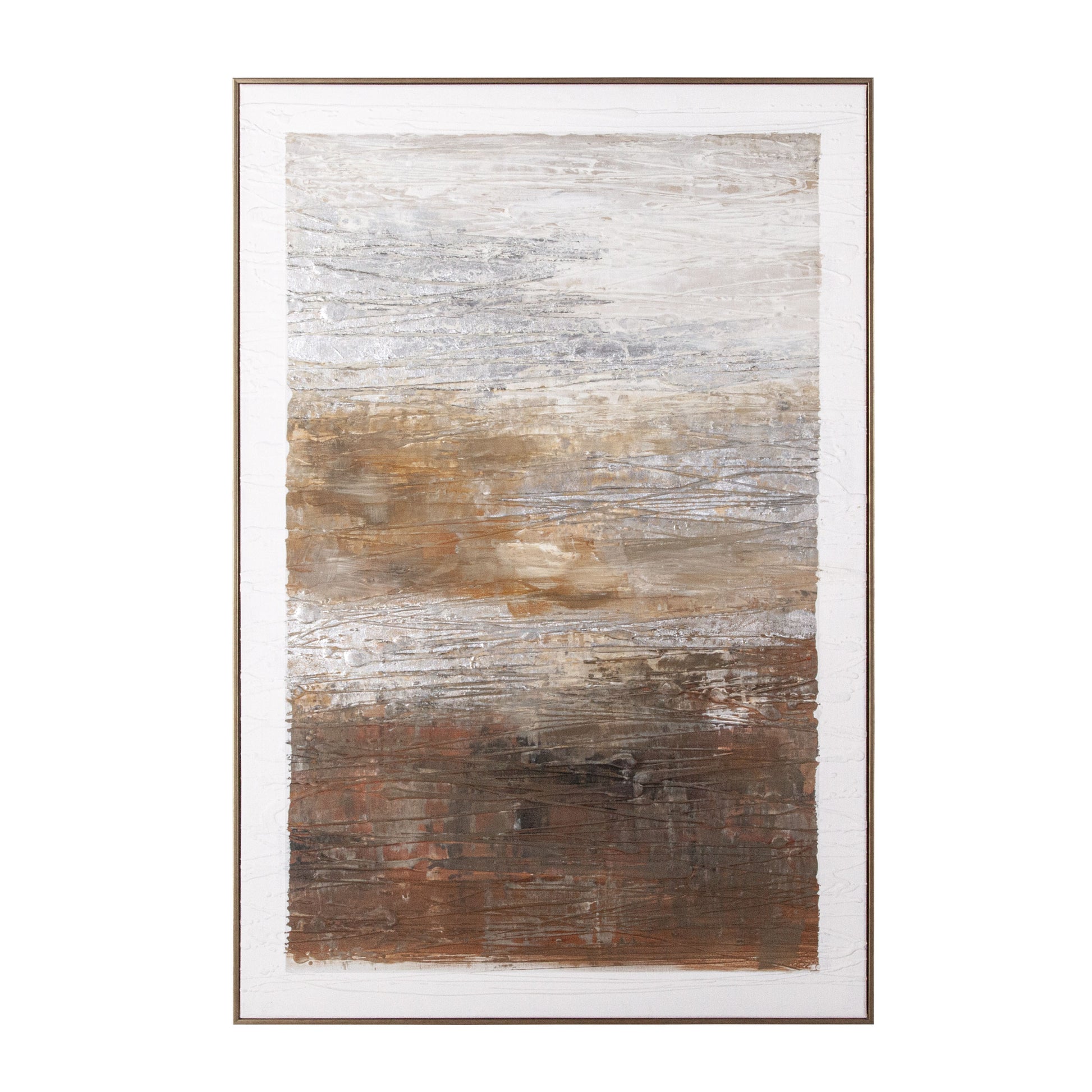 Full view of brown abstract painting with silver highlights on a white background.