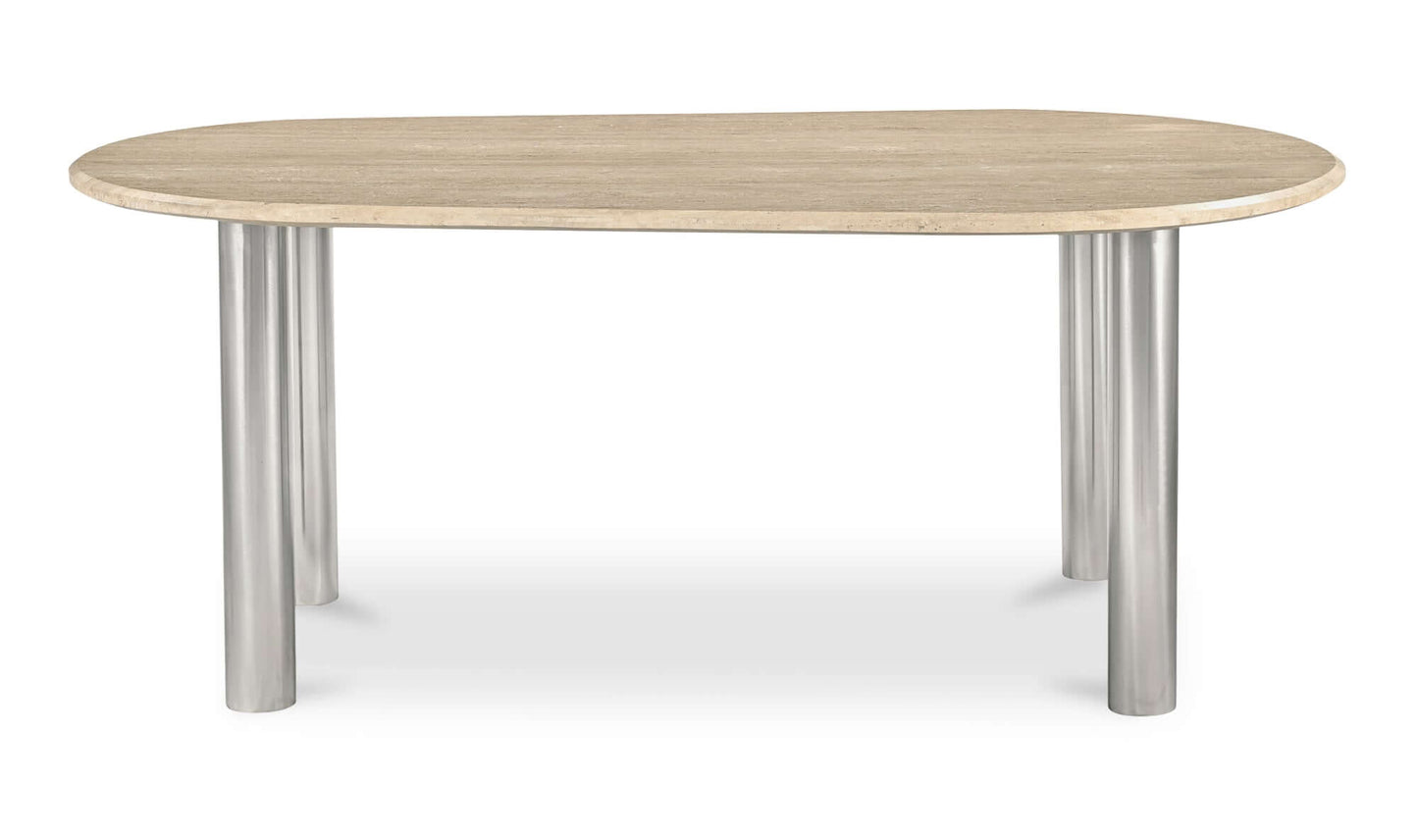 Fia dining table with beige travertine top and chrome finished iron legs, showcasing a modern minimalist design