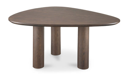 Side view of the three-column base of the Finley brown contemporary dining table showing smoked ash wood finish.