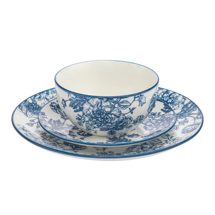 Godinger Banbury Blue porcelain bowl with intricate floral design, part of the 12 piece dinnerware set.