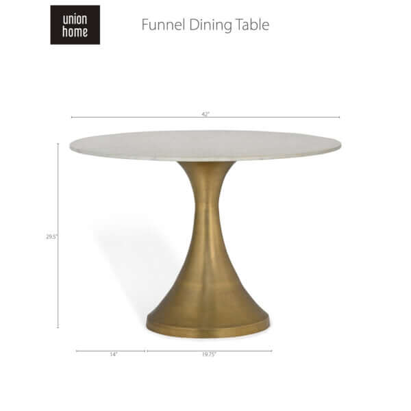 Dimension details of the Union Home Funnel Dining Table, highlighting its white marble top and brass finish.