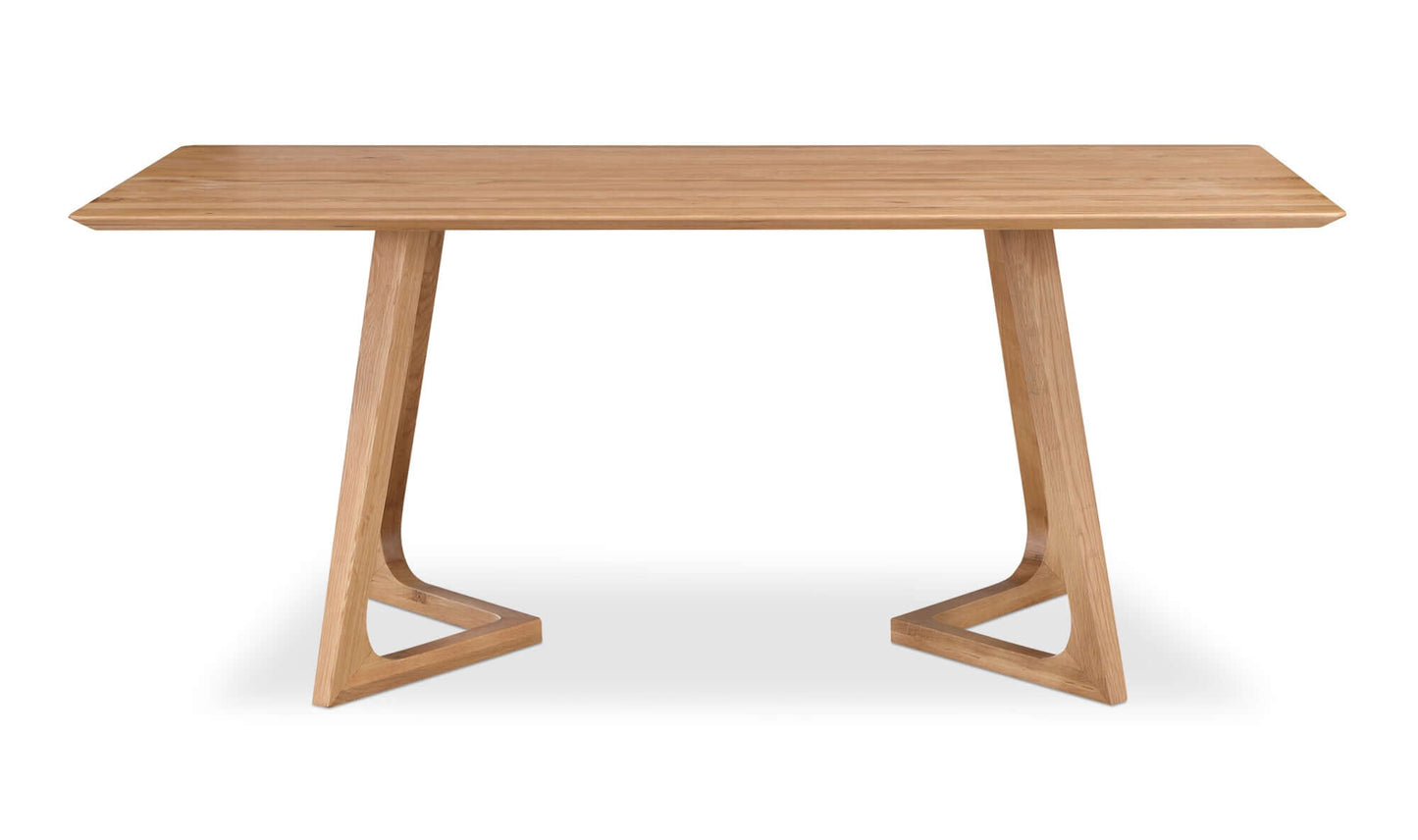 Elegant Godenza oak rectangular dining table with unique grain patterns and flared legs.