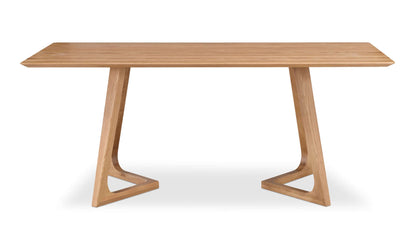 Elegant Godenza oak rectangular dining table with unique grain patterns and flared legs.