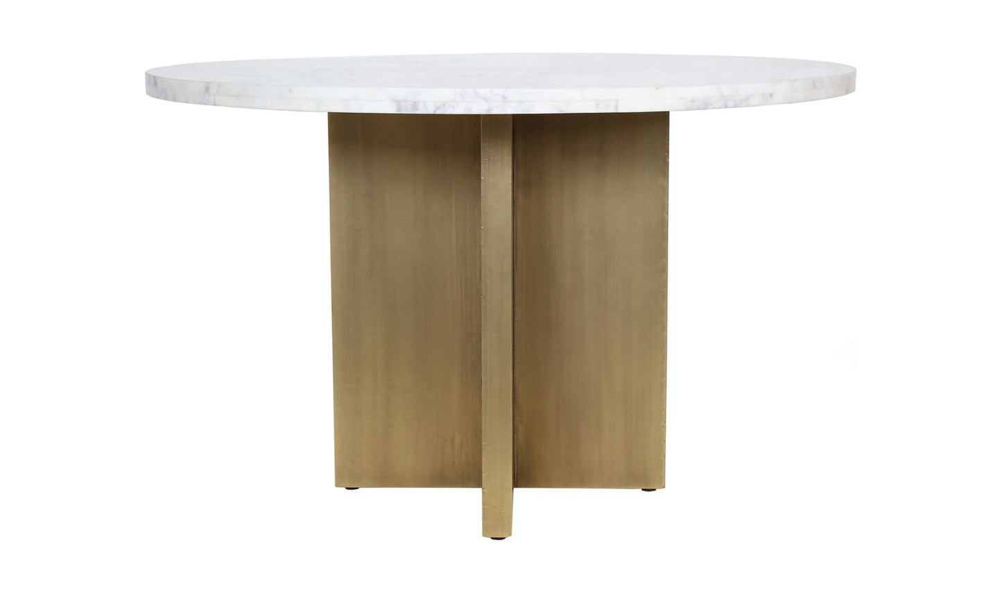 Side view of the Graze Dining Table highlighting the bold brass-finished iron base.