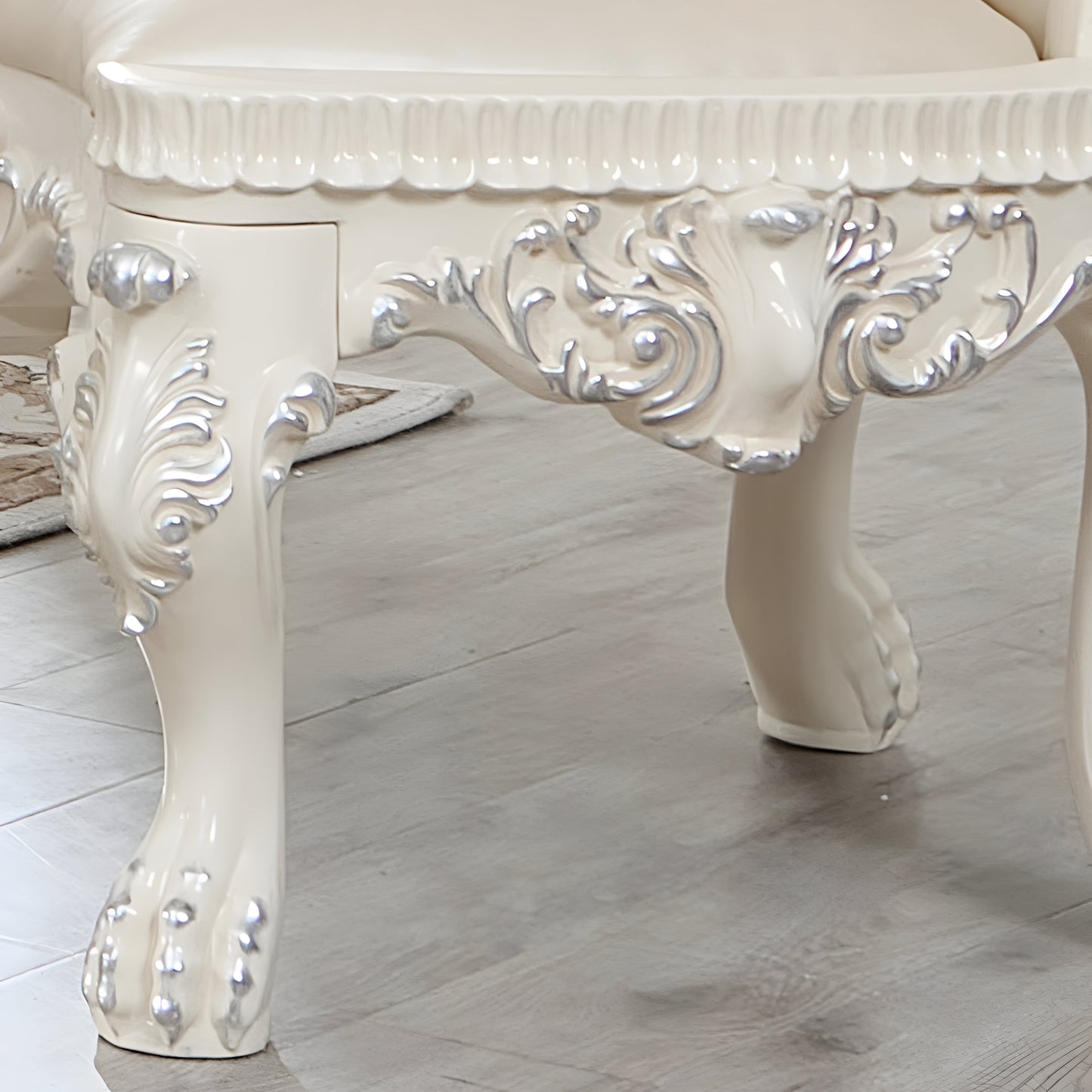 Detailed view of HD-13012-I dining chair legs with intricate carvings and lion’s paw feet.