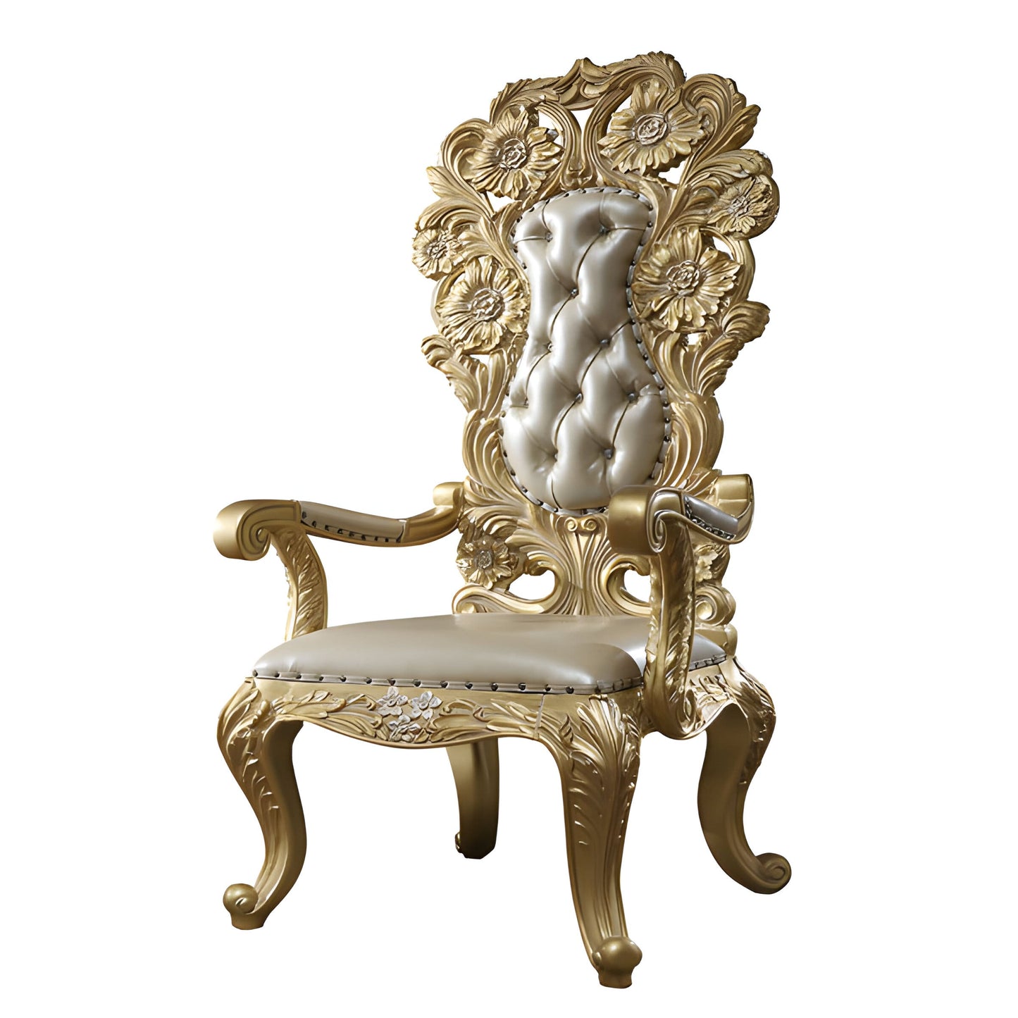 HD-1801 arm chair with plush upholstery and detailed carvings in metallic gold.