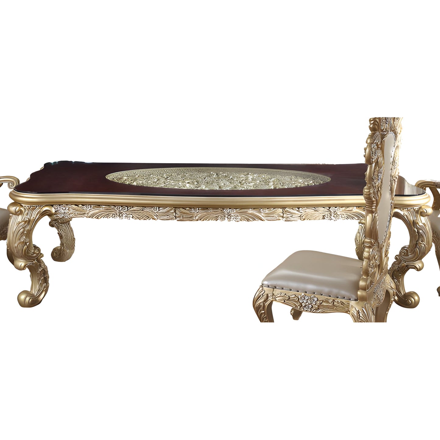 HD-1801 gold dining table with intricate carved motifs and scrolled accents.