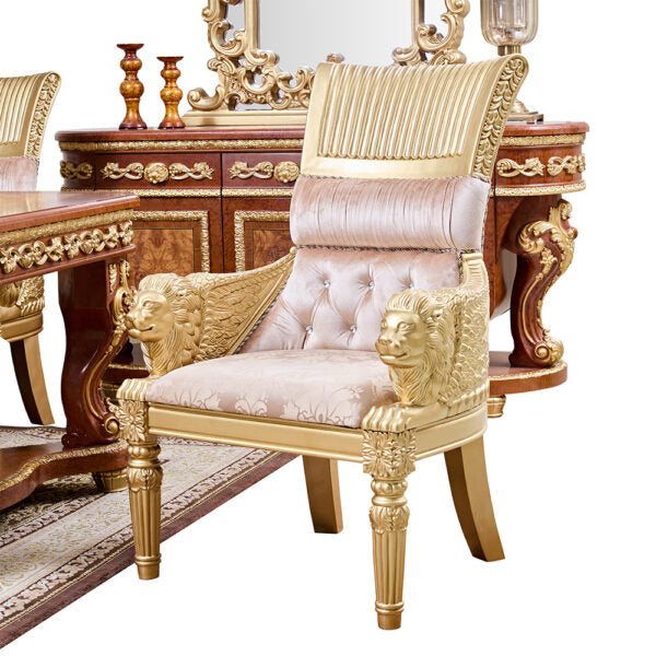 Detailed view of HOMEY DESIGN HD-8024 dining chair with luxurious beige upholstery and lion head carvings.