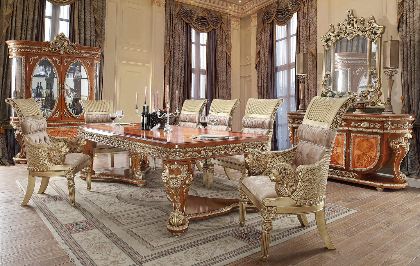 Opulent HOMEY DESIGN HD-8024 Rectangular Luxurious Dining Set with cherry finish and lion head chairs in a grand dining room.