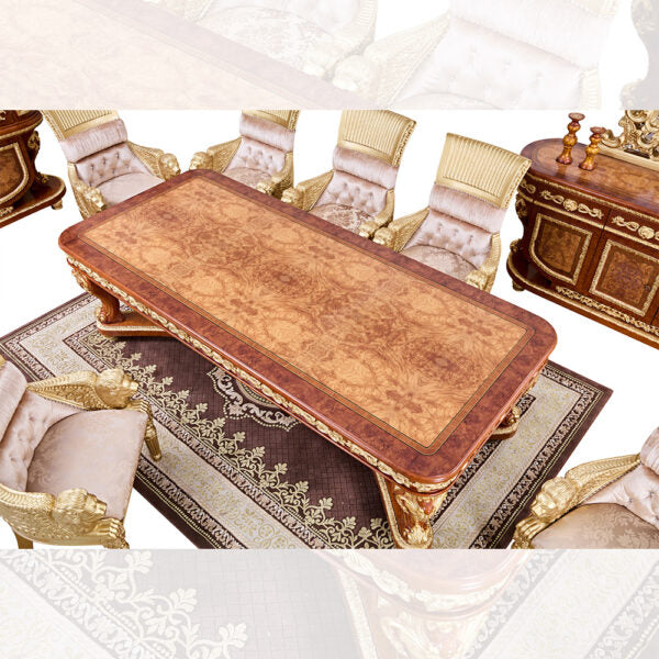 Close-up of HOMEY DESIGN HD-8024 dining table with intricate carvings and metallic gold highlights