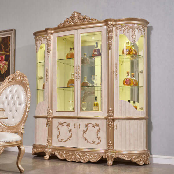 HOMEY DESIGN HD-9102 Elegant Wooden China Cabinet with glass doors, cream and gold finish, showcasing wine collection