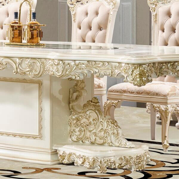 Intricate carvings and gold-accented base of HD-959 traditional dining set.