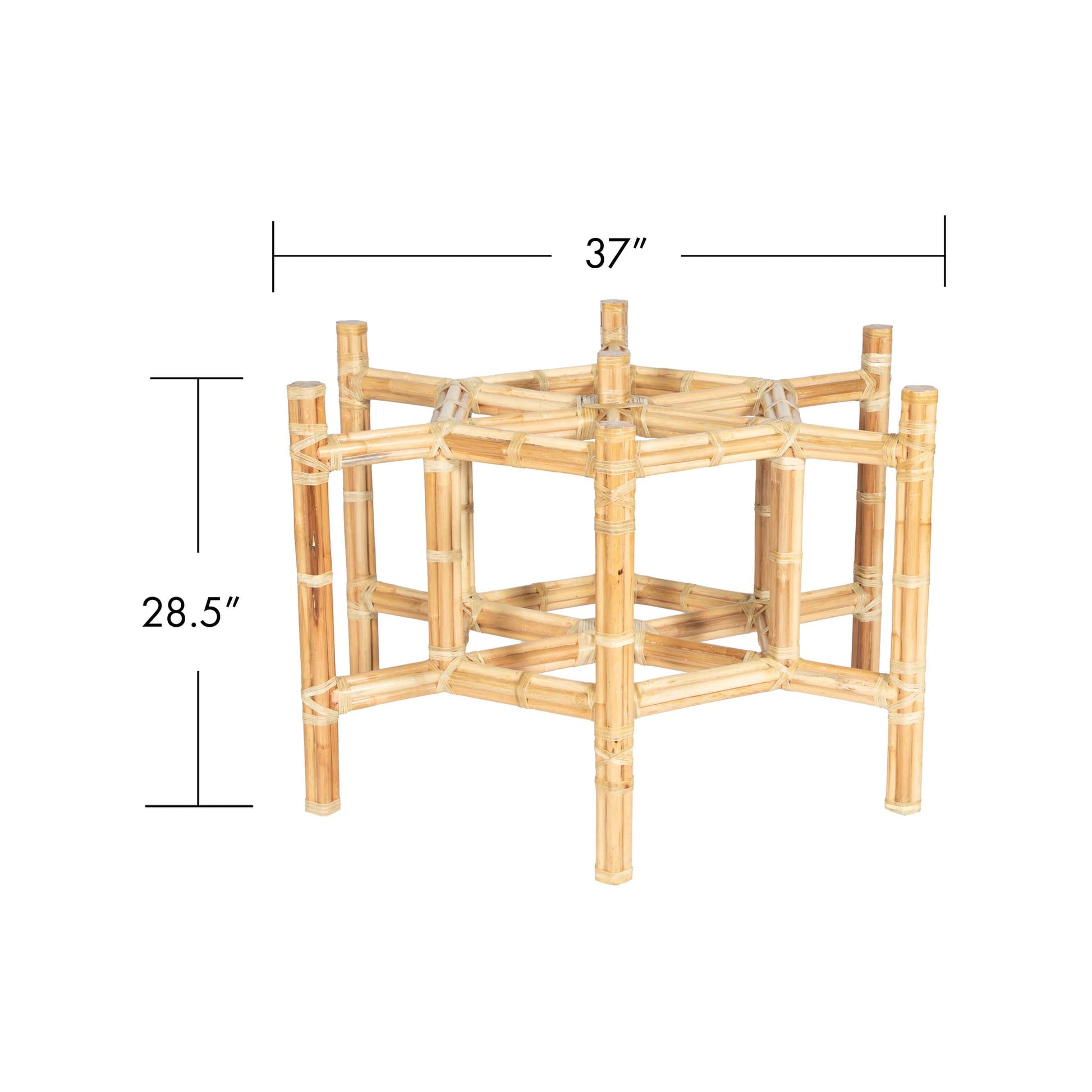 Hexagonal rattan dining table base with dimensions of 37 inches wide and 28.5 inches tall.