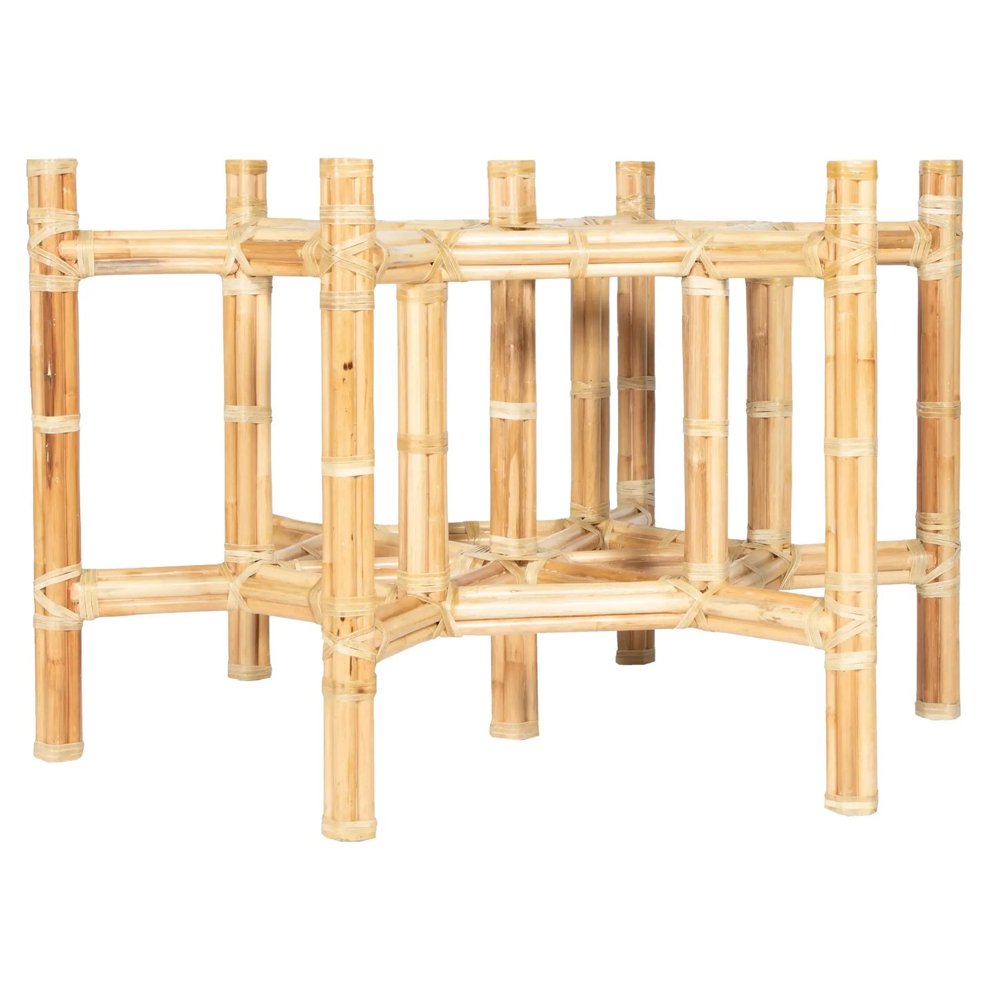 Front view of the natural rattan hexagonal dining table base showcasing its unique geometric design.