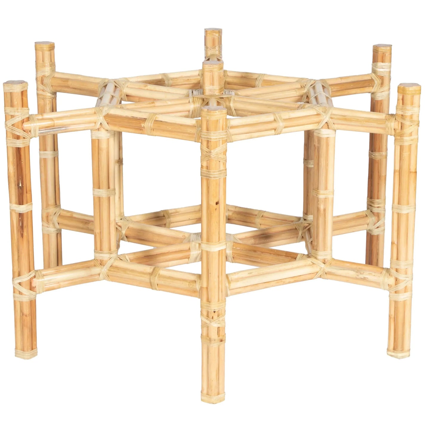 Top view of the natural rattan hexagonal table base highlighting the intricate weaving pattern.