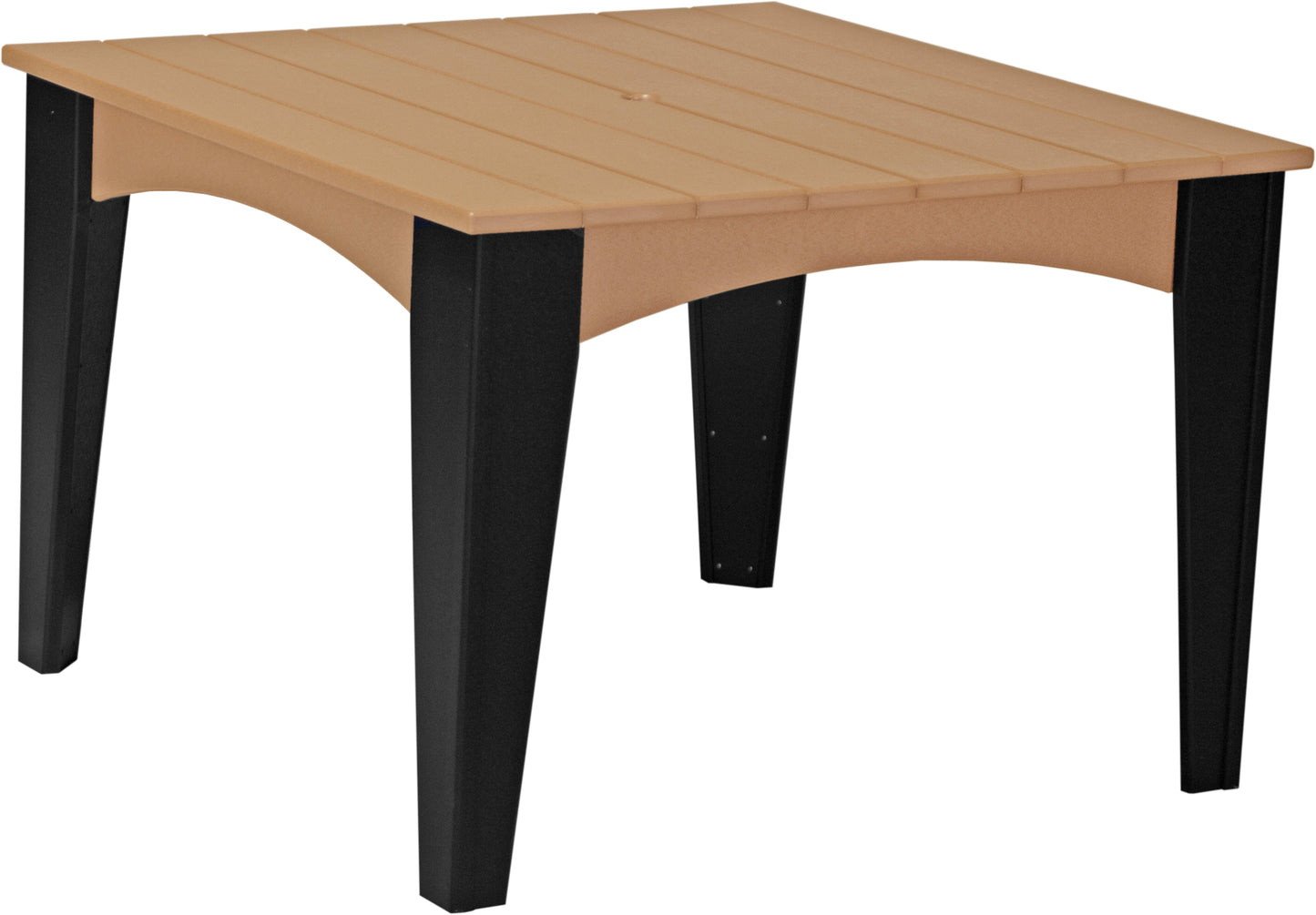 Cedar and black two-toned dining table, robust and stylish for outdoor entertainment.