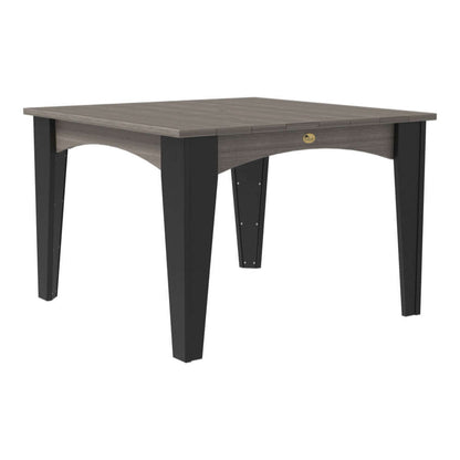 Stylish square table with a coastal gray slatted top and black legs, suitable for contemporary outdoor decor.