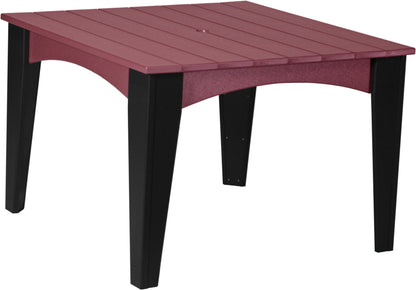 Elegant two-tone outdoor dining table in dark cherrywood and black, ideal for vibrant patio settings