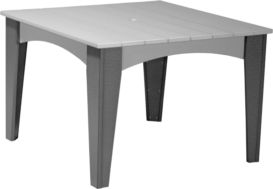 Contemporary outdoor dining table in dove gray with slate legs, perfect for modern patio décor.