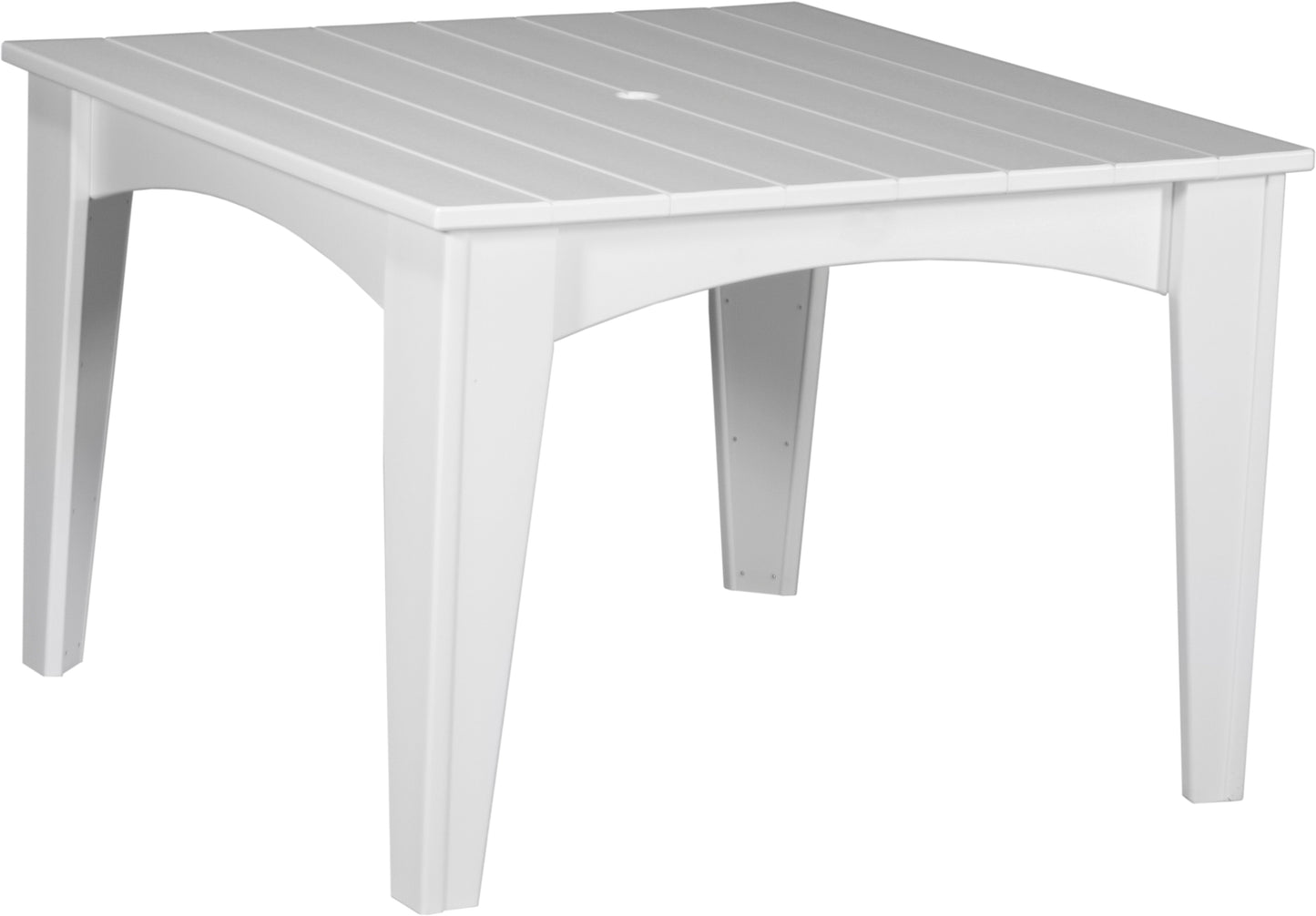 Sleek white square dining table, a classic choice for brightening outdoor dining areas.