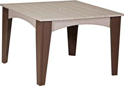 Robust outdoor dining table in rich chestnut brown and weatherwood, ideal for creating a warm and inviting dining area