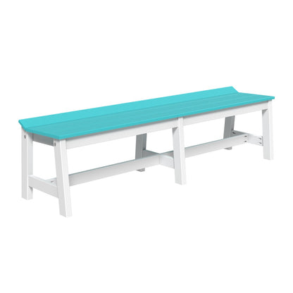 Vibrant Aruba Blue and White LuxCraft Cafe Dining Bench placed in a playful, colorful garden setting, highlighting its cheerful design.