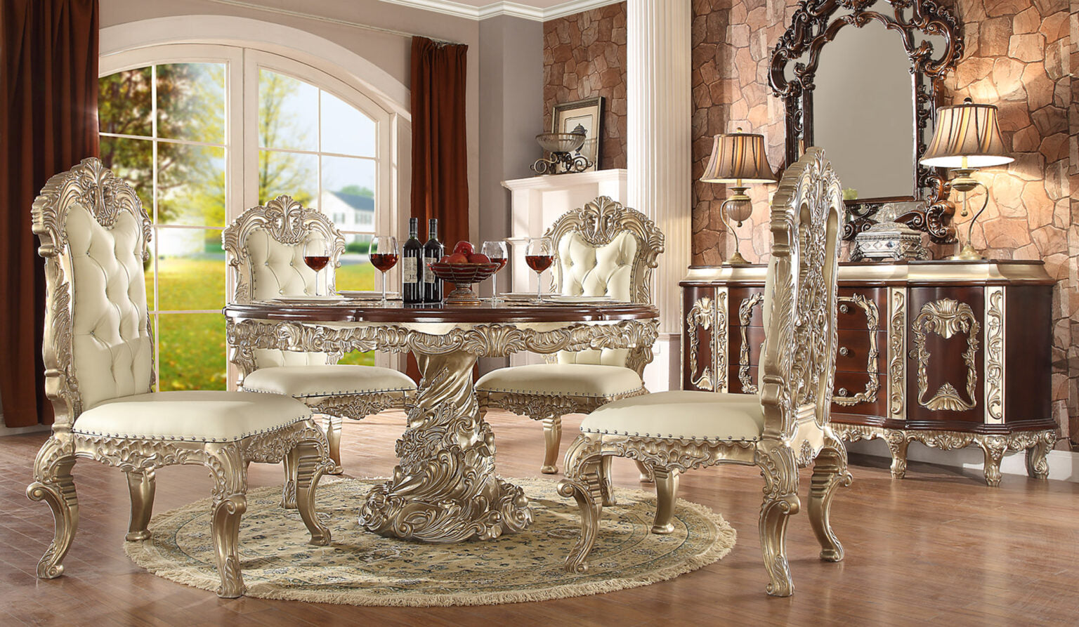 Full view of the HD-8017 round dining set featuring ornate chairs and table in a luxurious dining room.