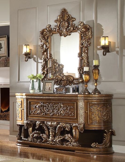 HOMEY DESIGN HD-8018 Brown Antique Dining Buffet with intricate gold carvings and perfect brown finish.