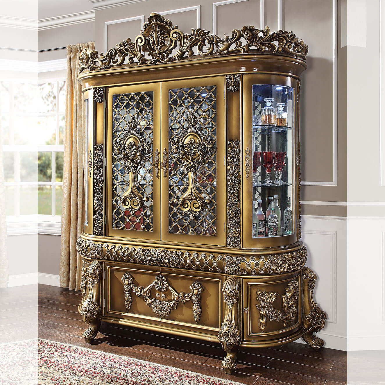 Luxurious HOMEY DESIGN HD-1802 Vintage Brown China Cabinet with intricate carvings and glass display shelves.