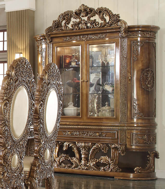 HOMEY DESIGN HD-8018 Elegant Wooden China Cabinet with intricate carvings and glass doors.