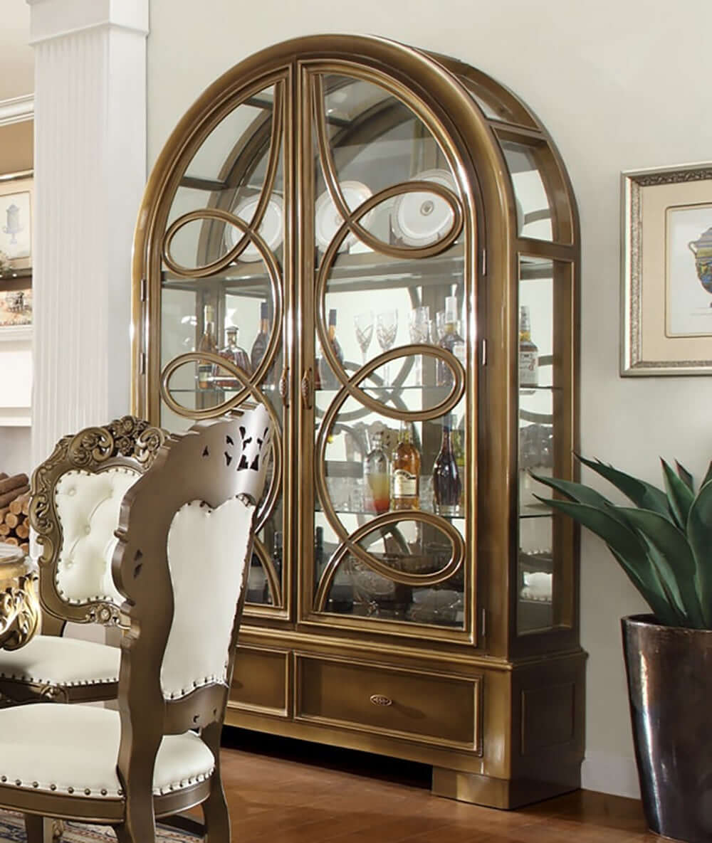 HOMEY DESIGN HD-8008 Curio with classic lines and antiqued brass hardware.