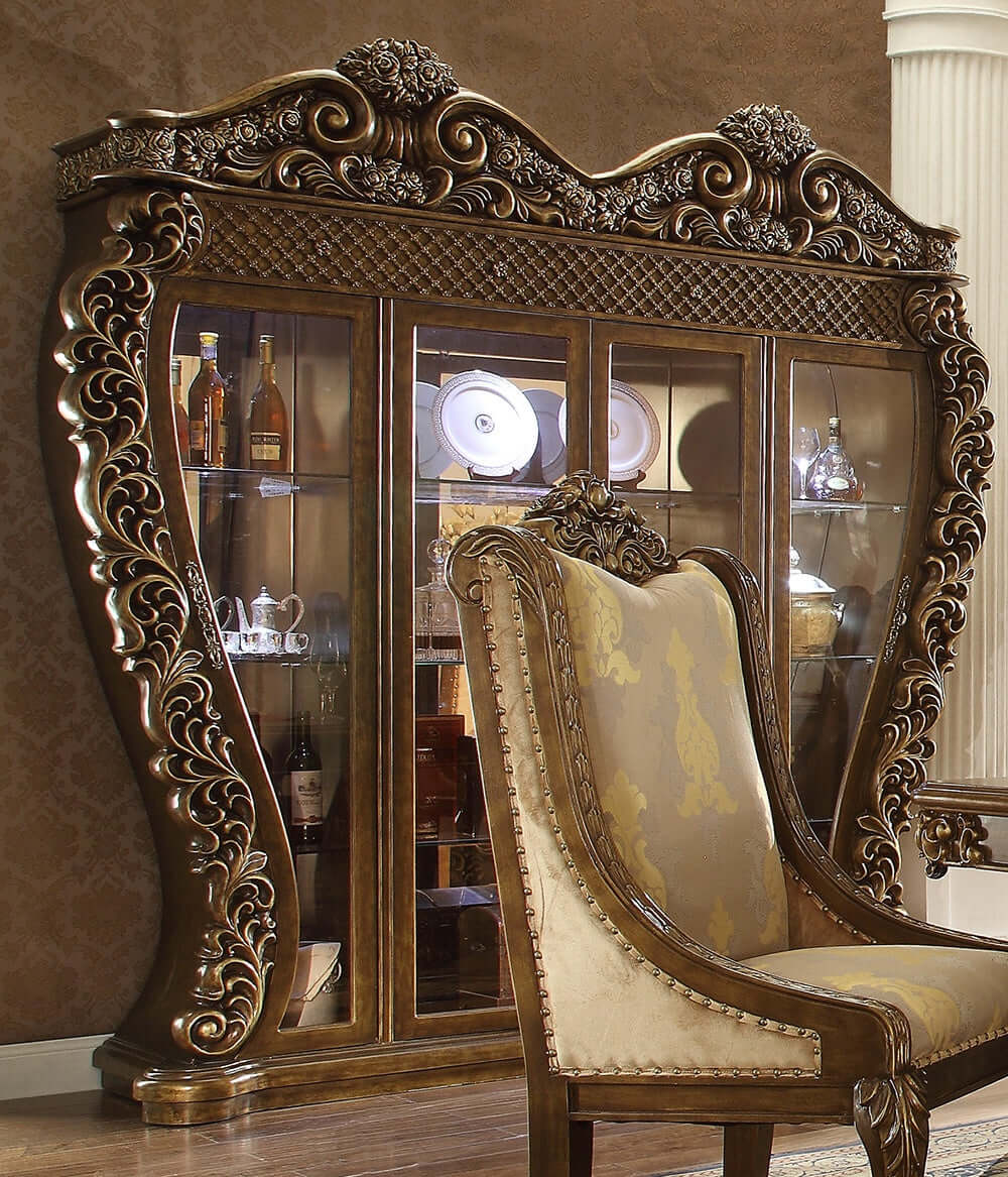 Rich walnut golden finish HD-8011 Contemporary Brown China Cabinet with intricate carvings.