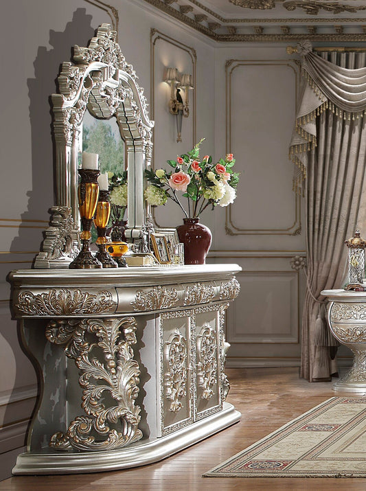 HOMEY DESIGN HD-8008 Baroque Wood Dining Buffet in elegant silver with intricate carvings and gold highlights