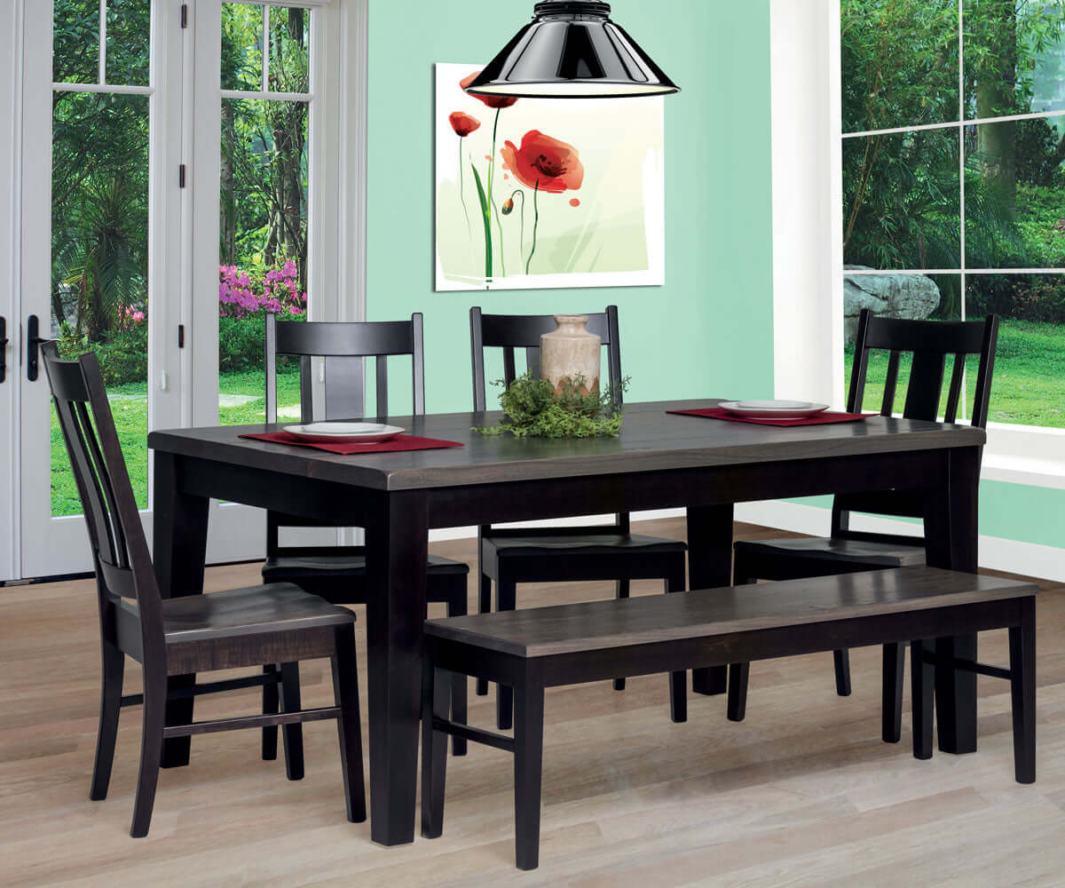 Chelsea Dining Table showcasing solid top and rustic craftsmanship with Gunsmoke stain and Ebony finish.