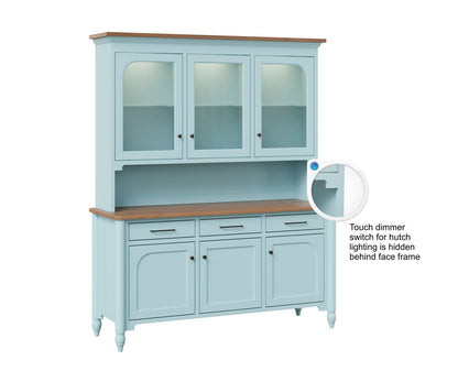 Houston Hutch & Buffet with a blue painted finish and a Tundra stain top, featuring adjustable glass shelves, soft-close drawers, and interior lighting.