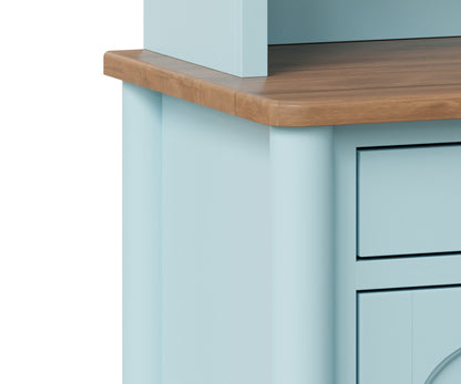 Detailed view of the Houston Hutch & Buffet corner, highlighting the 1-inch thick wooden top with a 1/2-inch radius edge in a Tundra stain finish.