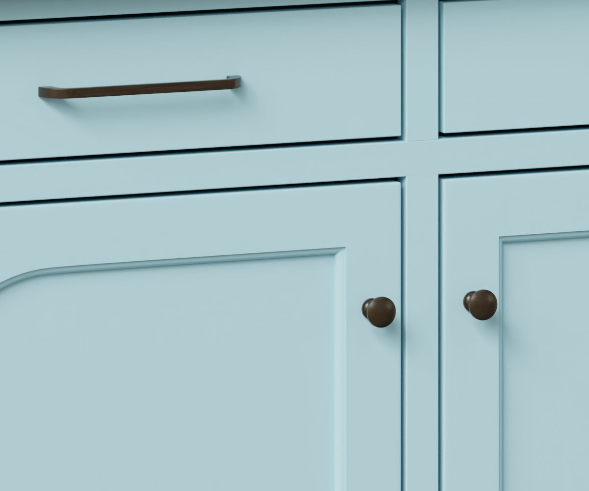 Close-up view of the Houston Hutch & Buffet drawer handles and knobs, featuring a sleek brown design against a light blue painted finish.