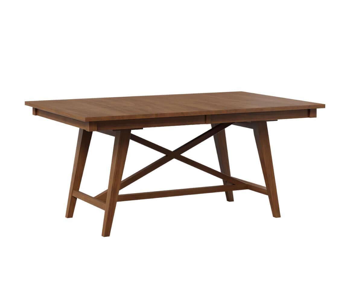 Kiona Dining Table with brown maple finish, showcasing its modern farmhouse style and cross-detail base.