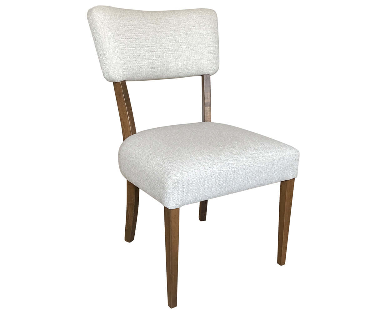 Front view of Kiona Dining Chair with beige upholstery and brown maple wood frame.