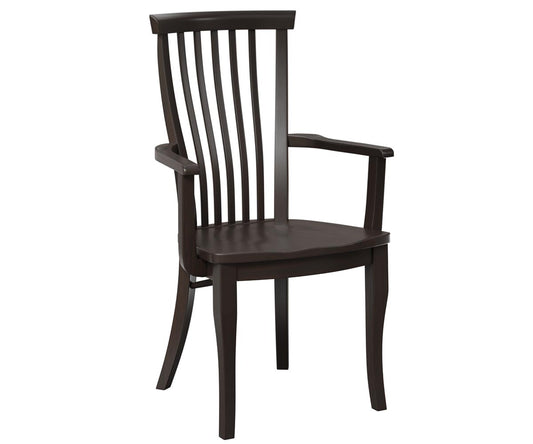 Front view of the Marshall Dining Arm Chair in brown maple with a slat back and curved arms. 