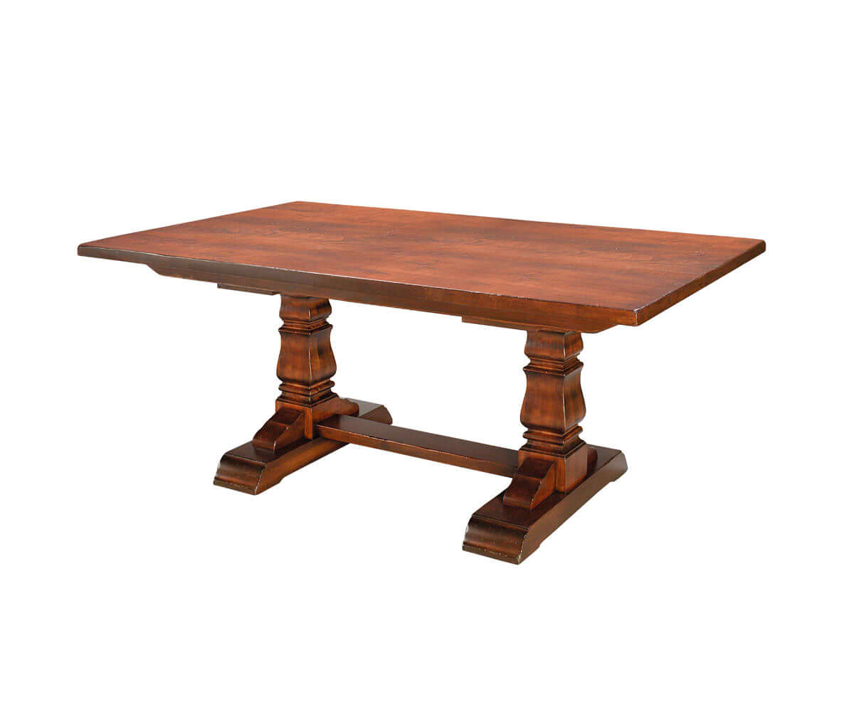 Front view of the Provincial Cottage Amish Trestle Dining Table with a rich brown maple finish.