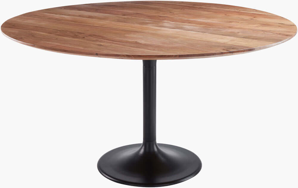 Surya Anatalia Round Brown Dining Table, featuring a smooth acacia wood top and black tulip base.