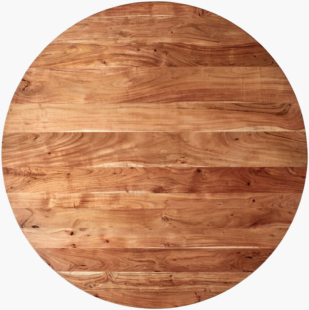 Overhead view of the Anatalia Round Dining Table's natural acacia wood top.