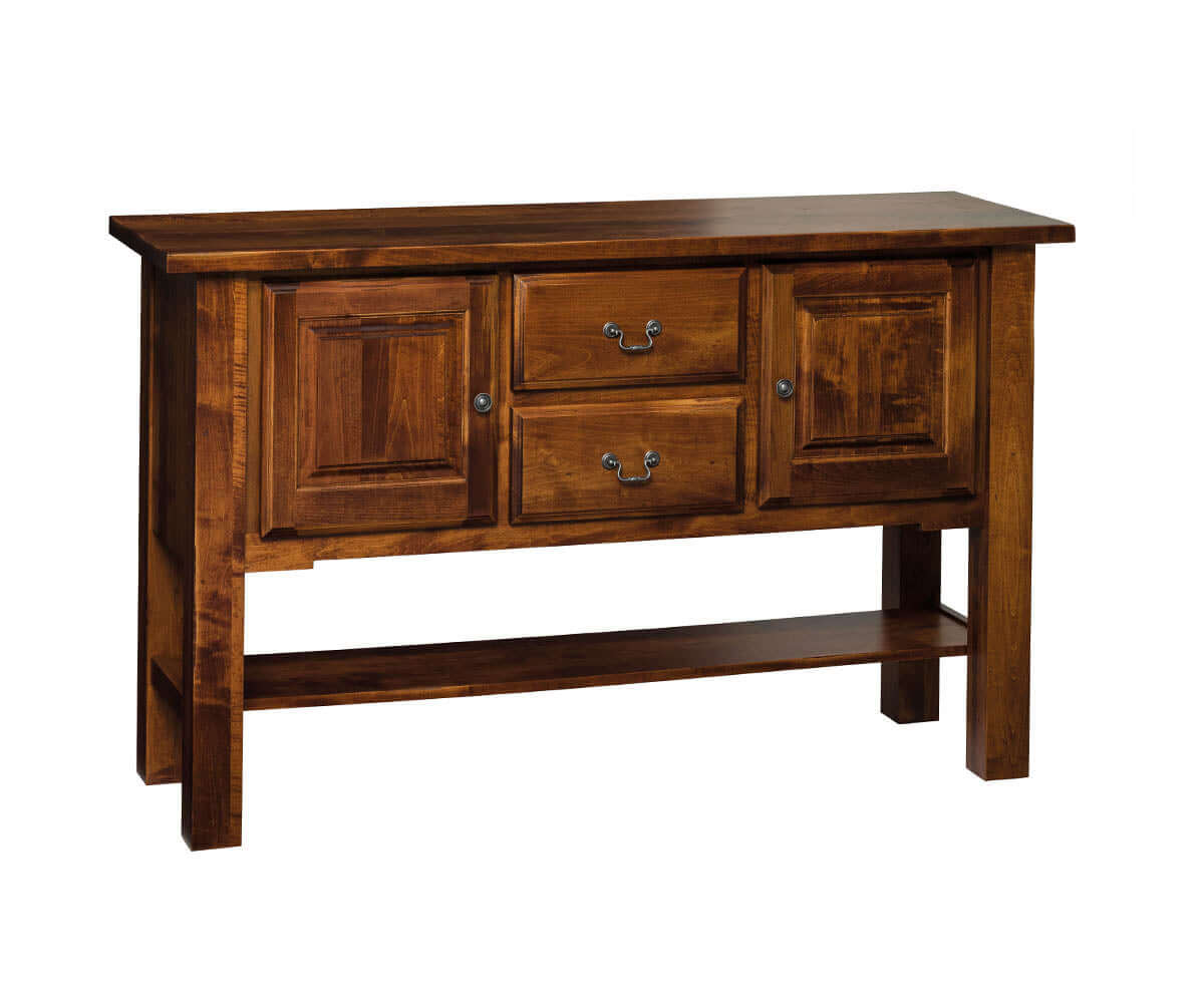 Brown wood dining server with multiple drawers and cabinets, finished in OCS 113 Michael’s Cherry.