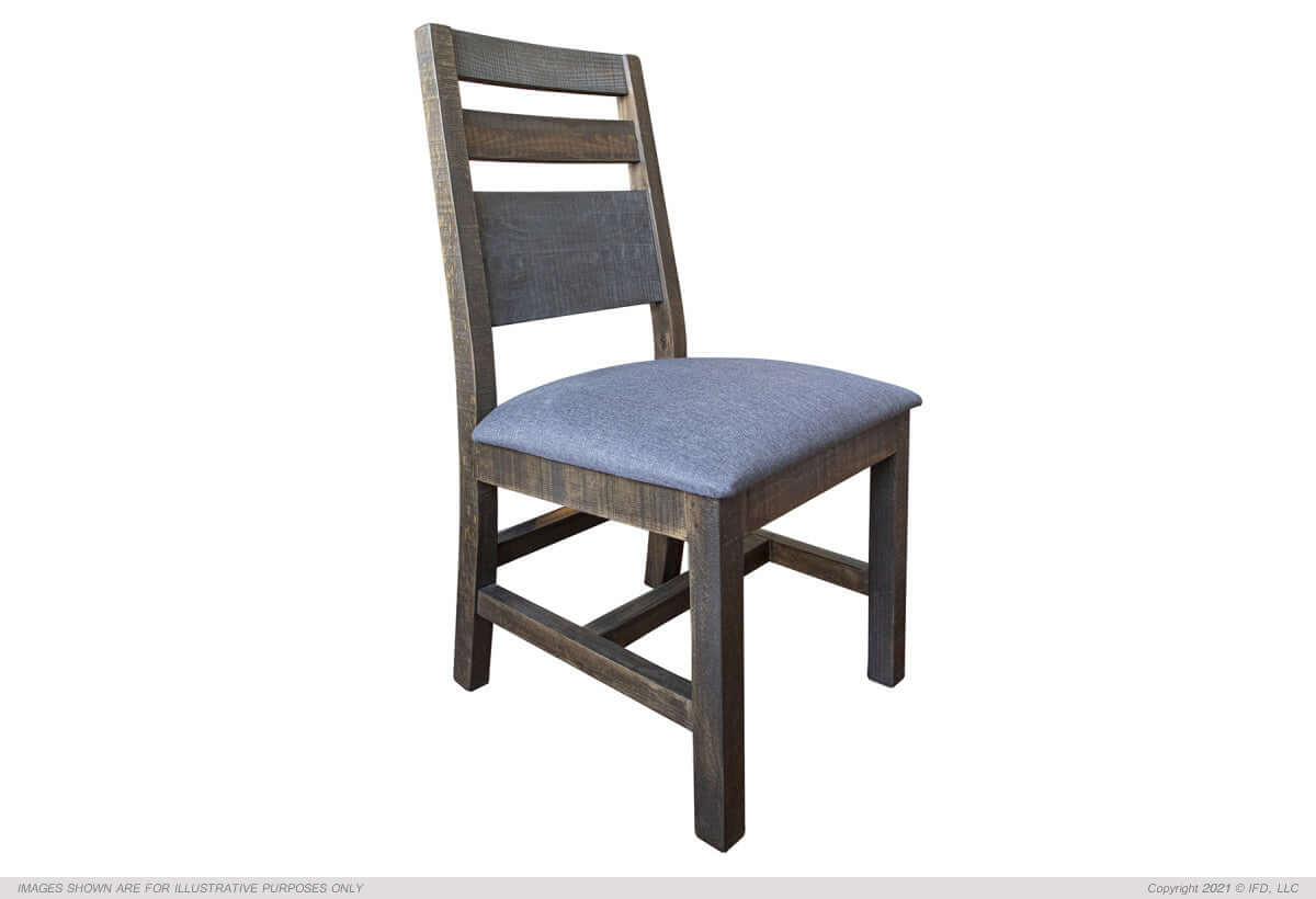 Rustic dining chair with hand-painted finish and ladder back design, upholstered seat.