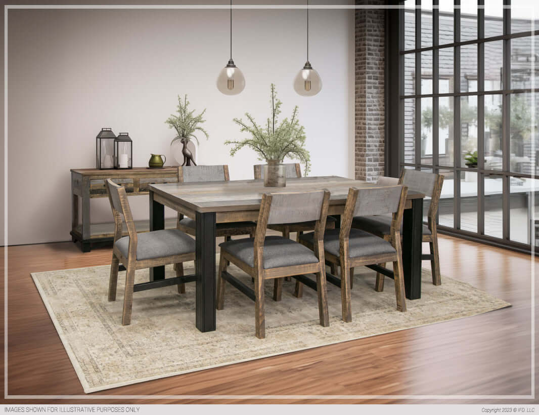 Loft Brown 65” Rectangular Dining Table set in a modern dining room with grey and brown tones.