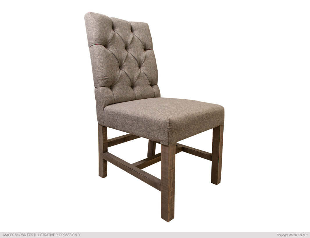 Tufted back mango wood dining chair with gray fabric upholstery.