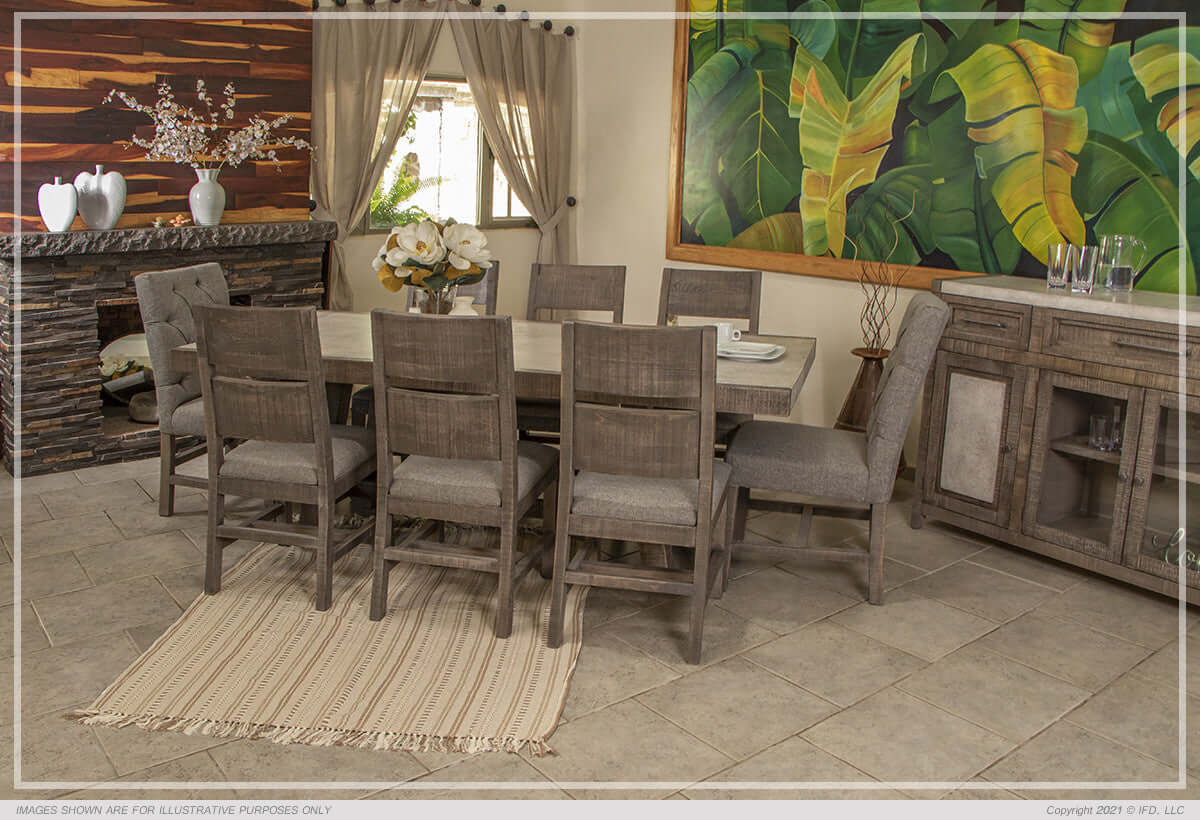 Dining room setup with elegant mango wood dining set and faux marble table.