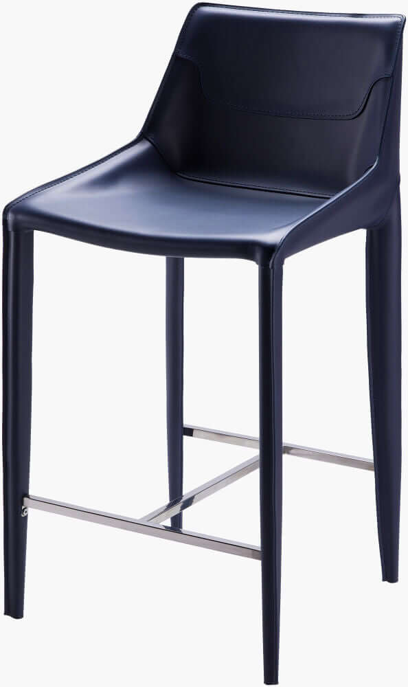 Angled view of Surya Hanks Navy Bar Stool, highlighting the sleek design and blue leather upholstery.